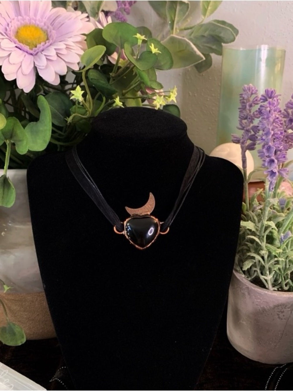 Obsidian Black Heart Moon Pendant Necklace
